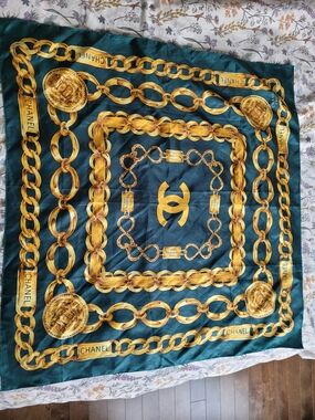 Chanel Gold Chain Print Silk Scarf in Teal & Gold